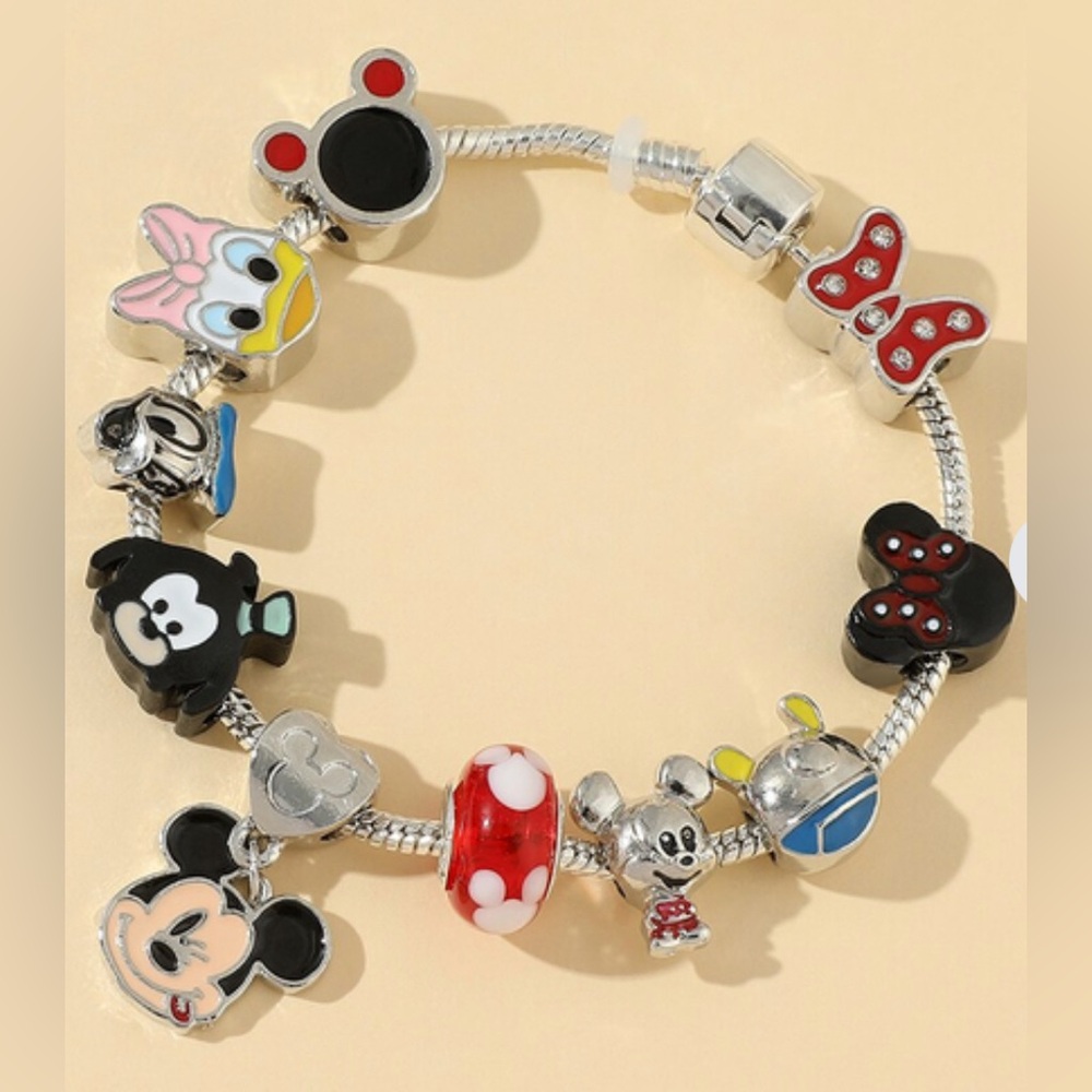 Classic Cartoon Mickey Mouse Bowknot Charm Bracelet Bangle Silver Color